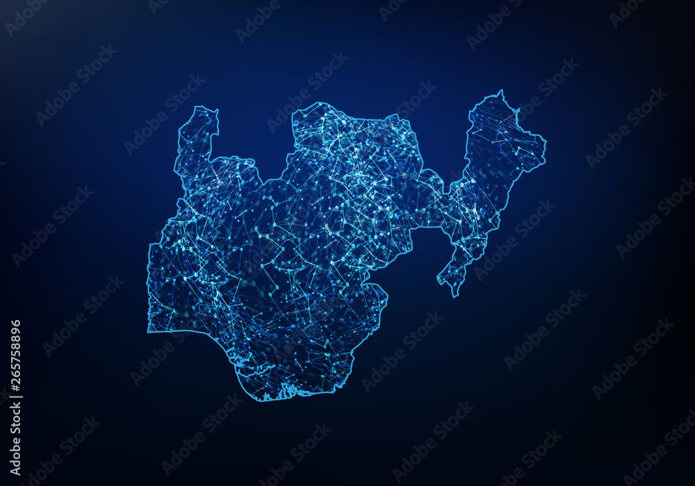 Aufkleber abstract of nigeria map network, internet and global connection concept, wire frame 3d mesh polygona
