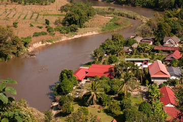 Tha Ton Thailand, view of the kok river and small village and farming along river