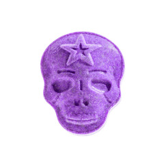 amphetamine, Blue, pink, purple army Skull, Ecstasy, XTC pills isolated on a white background.