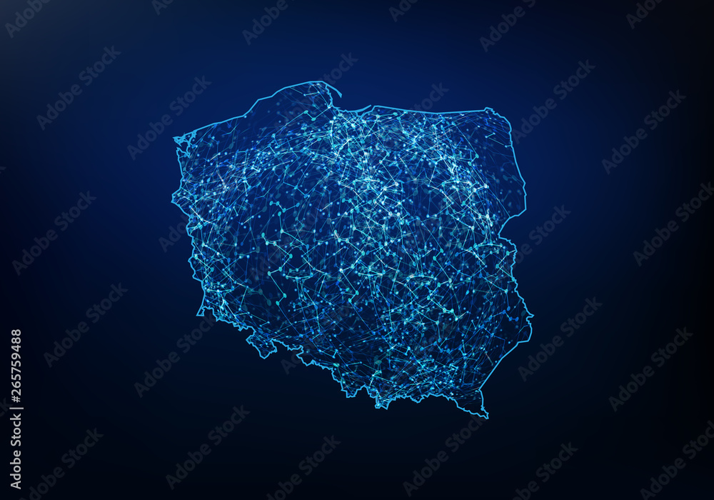 Poster abstract of poland map network, internet and global connection concept, wire frame 3d mesh polygonal