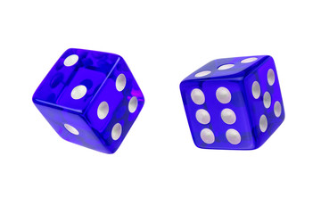 Two blue glass game dice isolated on white.