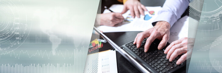 Hands of businessman using laptop. panoramic banner