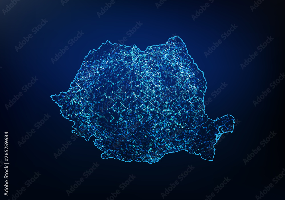 Aufkleber abstract of romania map network, internet and global connection concept, wire frame 3d mesh polygona
