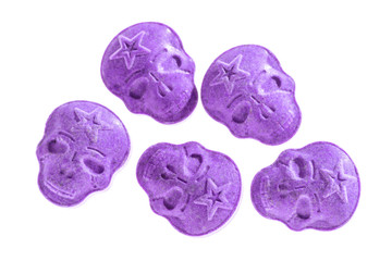 amphetamine, Blue, pink, purple army Skull, Ecstasy, XTC pills isolated on a white background.