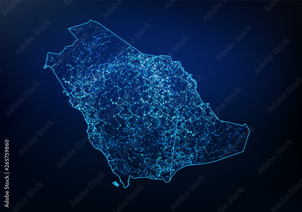 Poster abstract of saudi arabia map network, internet and global connection concept, wire frame 3d mesh pol