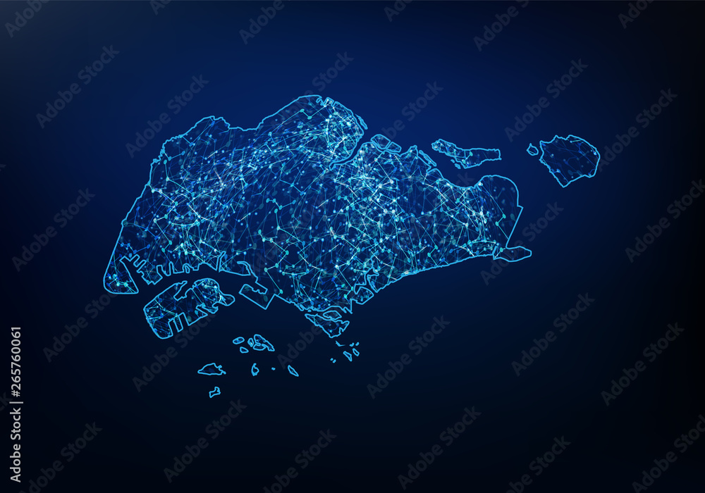 Poster abstract of singapore map network, internet and global connection concept, wire frame 3d mesh polygo