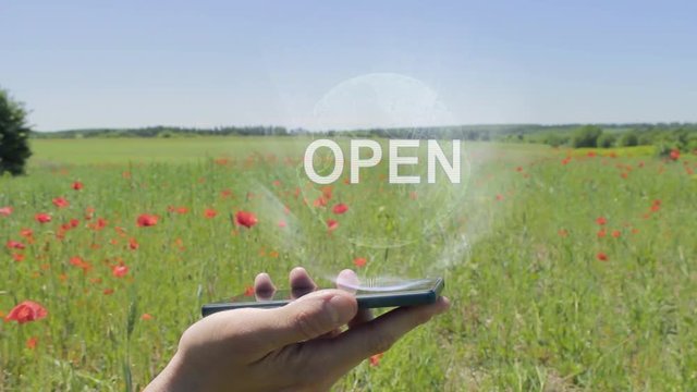 Hologram of Open on a smartphone. Person activates holographic image on the phone screen on the field with blooming poppies