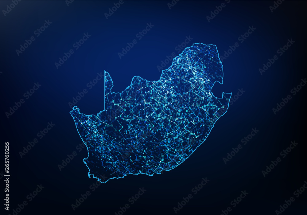 Aufkleber abstract of south africa map network, internet and global connection concept, wire frame 3d mesh pol