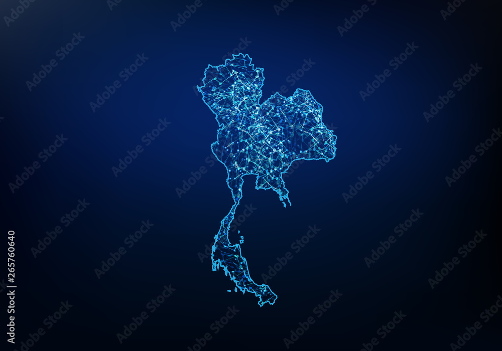 Poster abstract of thailand map network, internet and global connection concept, wire frame 3d mesh polygon