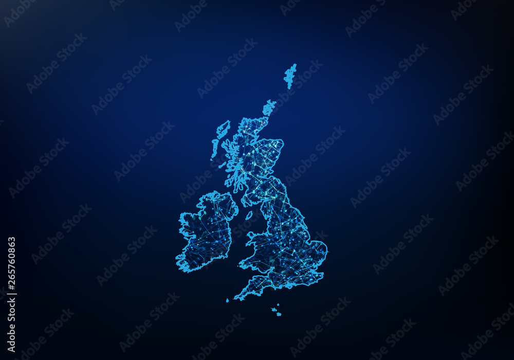 Poster abstract of united kingdom map network, internet and global connection concept, wire frame 3d mesh p