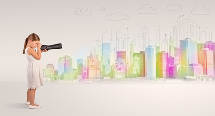 Obraz premium Cute little girl looking through spyglass to a big city 