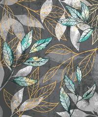 Golden and green leaves pattern. Hand drawn vintage vector background