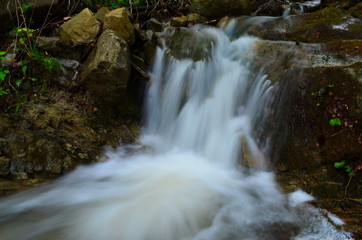 beautiful waterfall with clear water on a mountain stream in the forest