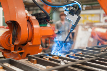 Welder robot operate in steel factory