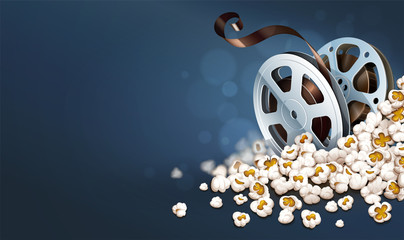 Cinematograpy film-reel discs in popcorn. Online movies retro banner template poster concept, copyspace. Clapper snacks movie theater. Fast food for cinematography entertainment. Vector illustration.