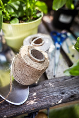 Ball of natural hemp twine on a garden table
