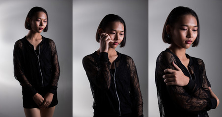 Group Collage Pack of many post Asian Teenager girl in Black fashion funeral dress for sad timing people death and losing someone, studio lighting gray white gradient background low exposure