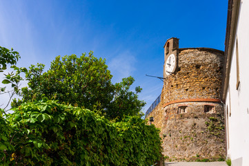 The clock tower of the Castle of Riomaggiore (Castello di Riomaggiore), one of the most important...