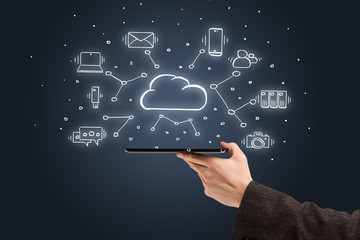 Hand working with cloud technology system and office symbol concept
