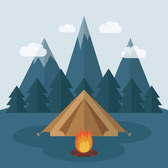 wilderness camping in a tent with snowy mountains and forest view vector illustration EPS10