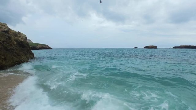 Aerial shot of the beach and rock formations of the Isla Larga, Marietas Islands, Nayarit, Mexico