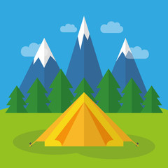 camping in a yellow tent with snowy mountains and forest view vector illustration EPS10