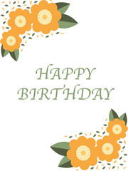 Naklejka premium Cute greeting card template with orange flowers, green leaves and petals in two opposite corners and a text sample on the white background. Flat style illustration. Vector.