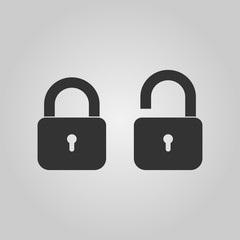 Padlock icon template. Black lock isolated on white background. Silhouette padlock for applications, sites. Private access icon, restricted access. Vector illustration.