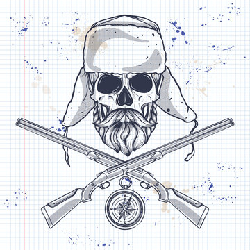 Sketch, skull with beard and mustaches, hat with ear flaps, rifles and compass on a notebook page