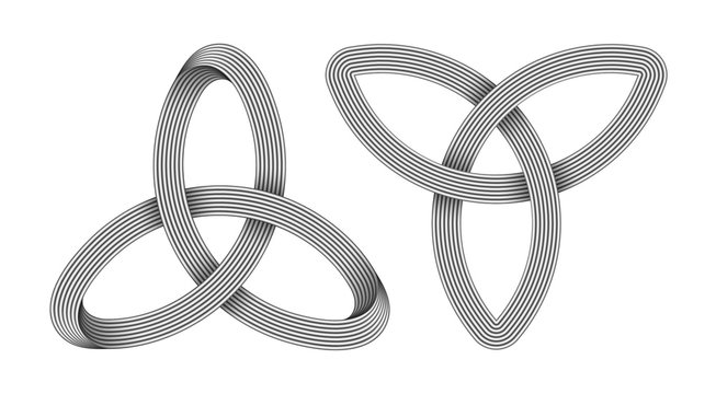 Set of 2 Triquetra knots made of metallic intersected strips. Celtic trinity symbol. Vector illustration.