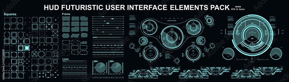 Poster hud elements mega set pack. dashboard display virtual reality technology screen. futuristic user int