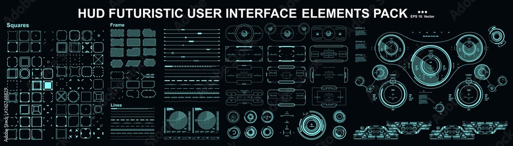 Poster hud elements mega set pack. dashboard display virtual reality technology screen. futuristic user int