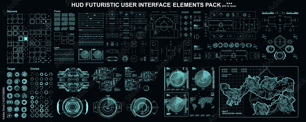 Poster HUD elements mega set pack. Dashboard display virtual reality technology screen. Futuristic user interface.
