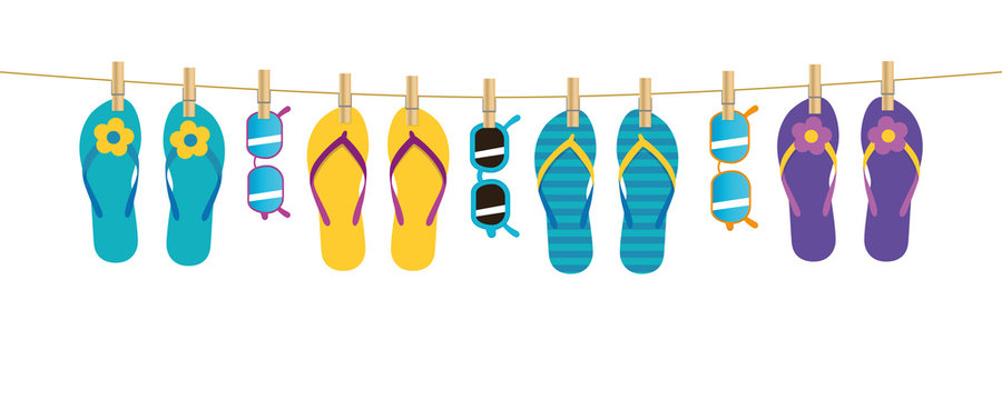 colorful pattern flip flops and sunglasses hanging on a rope on white background summer holiday design vector illustration EPS10