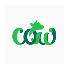 Cow handwriting lettering. Sign for cattle company. Agricultural or dairy icon. Vector logo for beef products. Green illustration with symbol of cow for milk or milky food