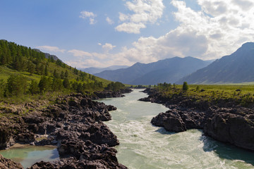 Turquoise Katun. River stream in Altai mointain. Sunny summer day. Can used for promotion, ad, greeting card, invitation, poster, article, wallpaper, web page background.