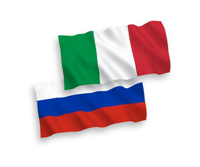 National vector fabric wave flags of Russia and Italy isolated on white background. 1 to 2 proportion.