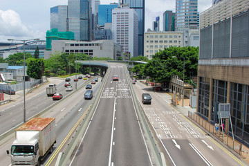 Hong Kong's road traffic and modern buildings.