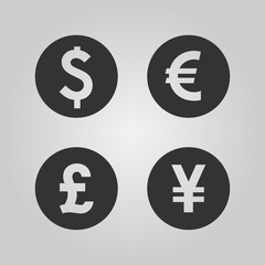 Dollar, Euro, Pound and Yen currency icons. USD, EUR, GBP and JPY money sign symbols. Black vector icons isolated on white background.