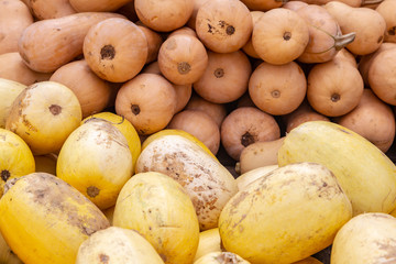 A full frame photograph of squash piled up for sale on a farmers market stall