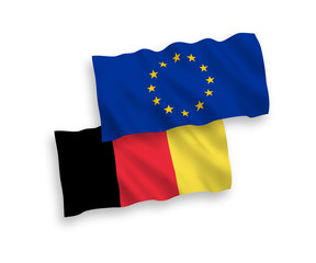 National vector fabric wave flags of Belgium and European Union isolated on white background. 1 to 2 proportion.