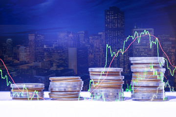 Double exposure of graph and rows of coins for finance and business concept., ECN digital economy and economic exchange.
