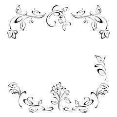 decorative frame with stylized flowers, leaves and vignettes in black lines on a white background
