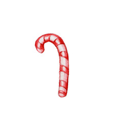 Watercolor Hand Drawn Sketch Christmas Red Candy Cane. Isolated Painted Illustration on White Background