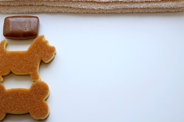 A brown soap bar, a beige towel and two washcloth in the form of a dog and a bone. Top view. Place for text.