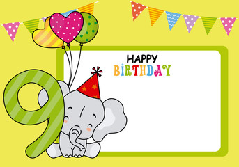 Happy birthday card. Elephant with balloons and the number nine. Space for photo or text