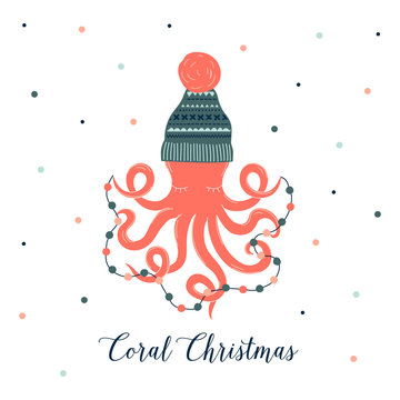 Fairy Christmas Octopus in jacquard winter hat in Scandinavian style. Underwater seasonal Xmas concept art. Merry Christmas ocean poulpe with decorative garland on dotty background.
