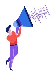 Sound wave isolated character man with loudspeaker or megaphone