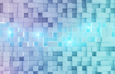 Glowing white and blue squares background pattern 3D rendering