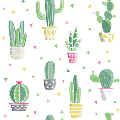 Seamless pattern with cacti and succulents elements. Vintage vector botanical illustration in watercolor style.